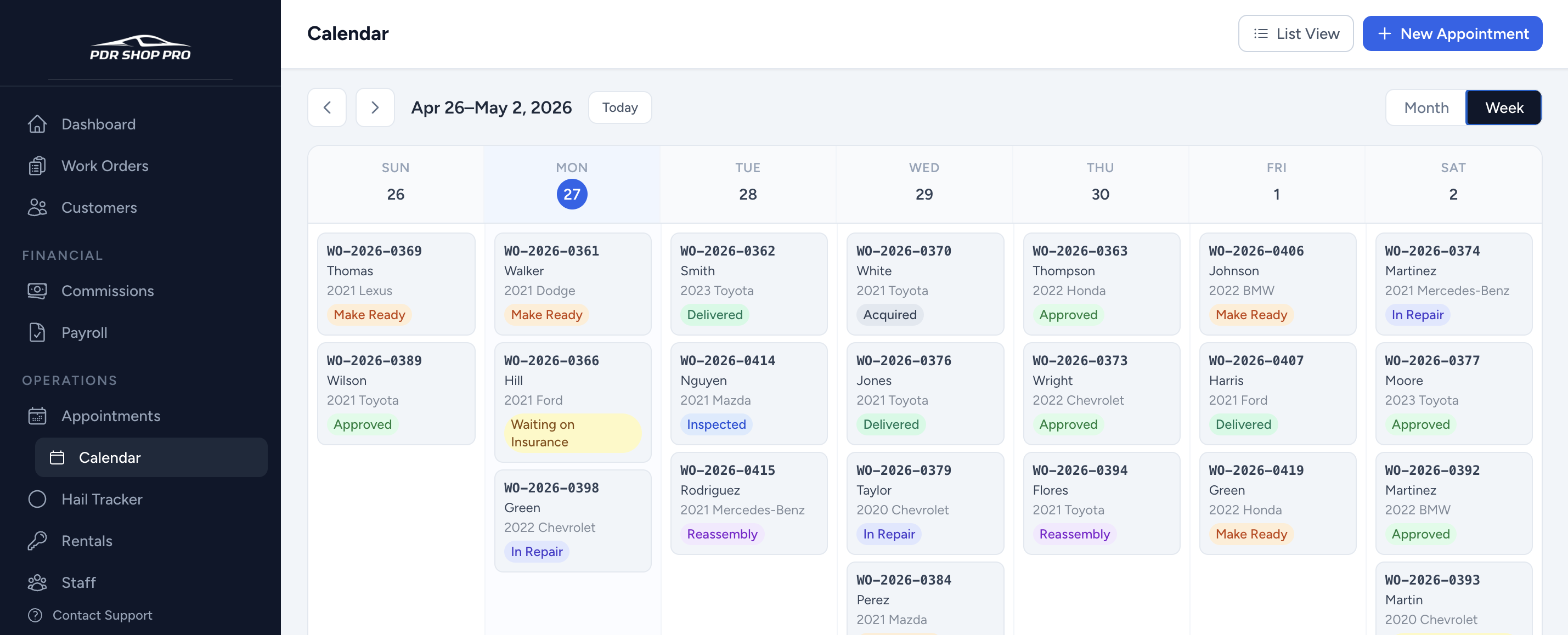 PDR Shop Pro calendar showing work orders scheduled across the week with status badges