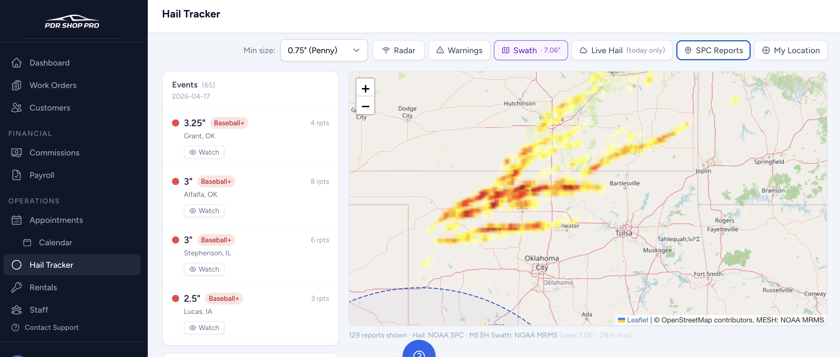 PDR Shop Pro Hail Tracker showing live MESH swath over Oklahoma