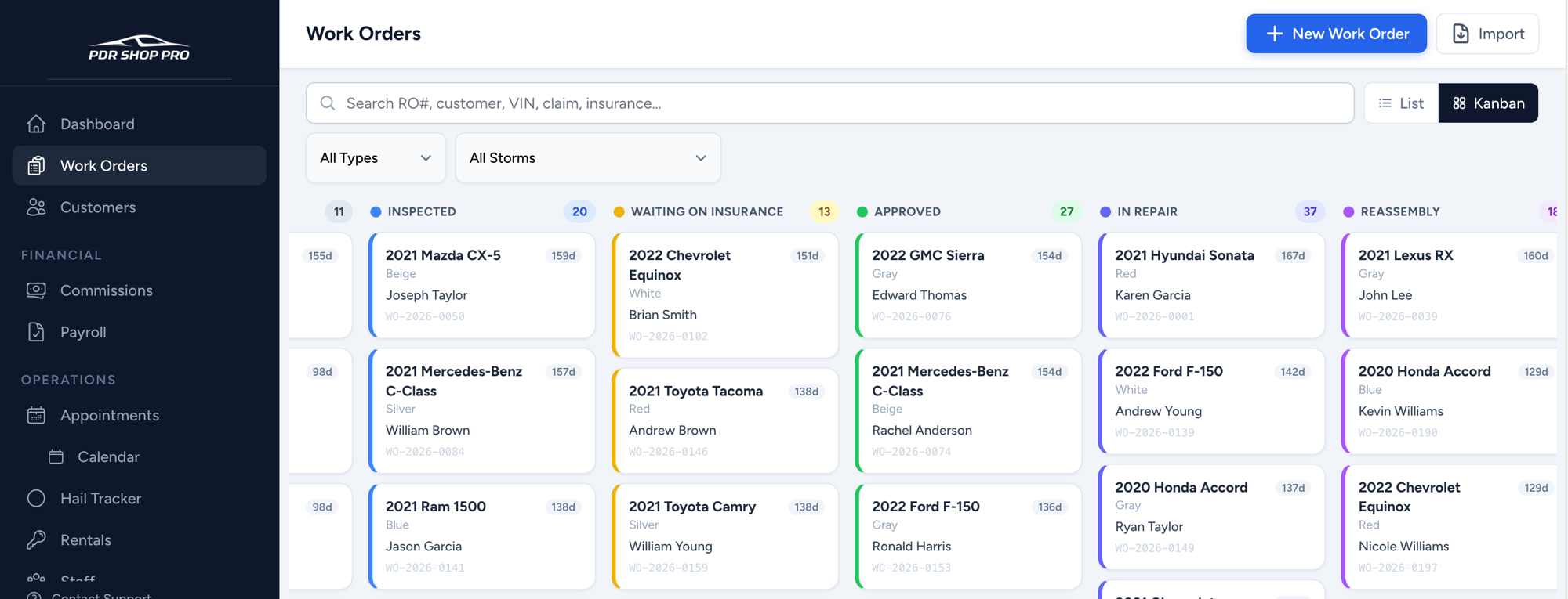 PDR Shop Pro Kanban view showing work orders grouped into color-coded pipeline phase columns